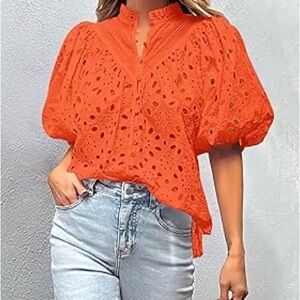 Orange Puff Sleeve Blouse with Mandarin Collar